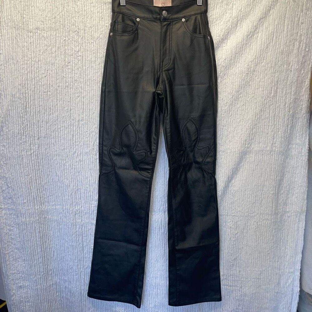 Revice Black Polyester High Rise Straight Leg Faux Leather Pants Size 25